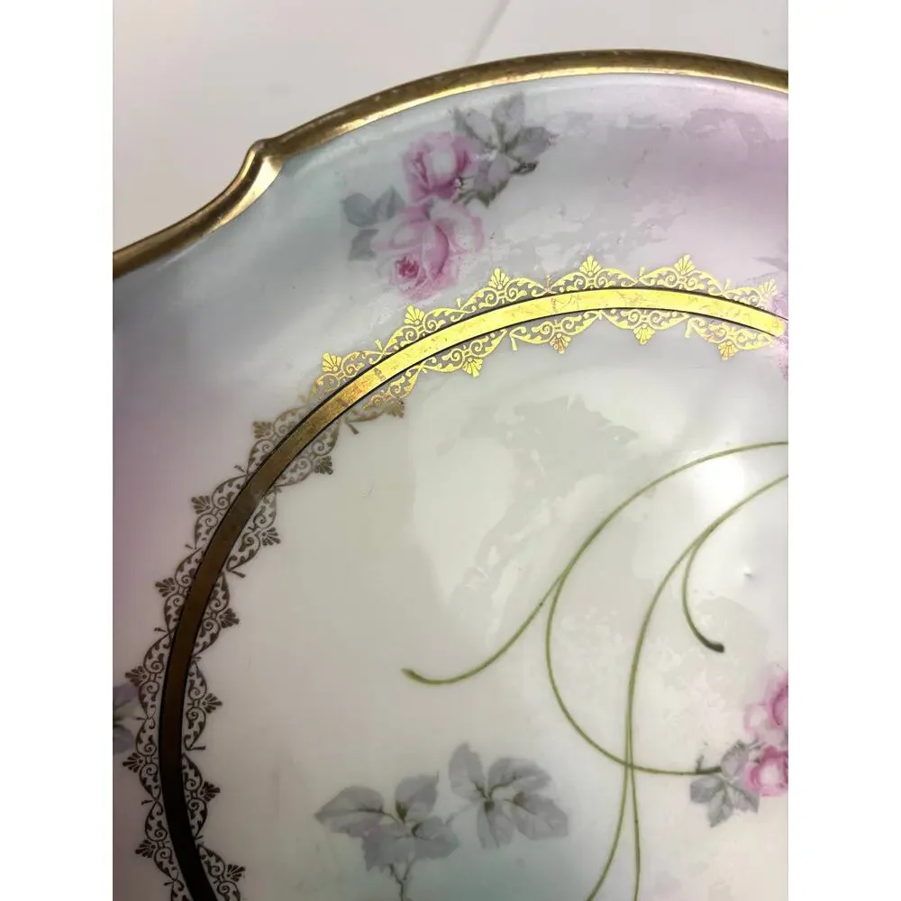 Antique Bavaria Germany Hand-Painted Porcelain Cake Plate Double Handle‎ Roses
